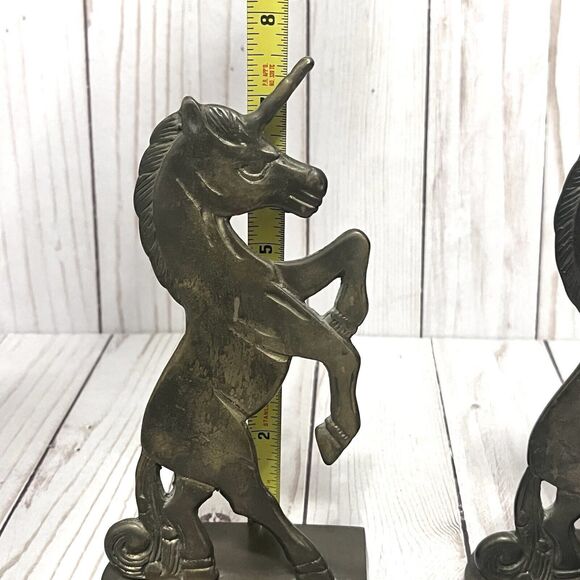 Vintage Pair of Solid Brass Unicorn Bookends Magic Horses 7.5” - Picture 9 of 10
